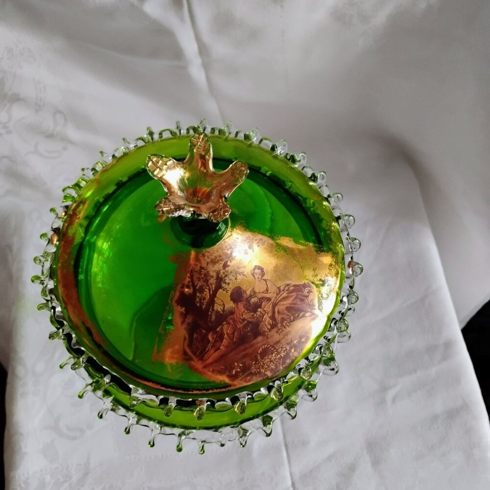 MCM Empoli Green Glass Compote Lidded Candy Dish Rigaree Edge Gilt Gold Romantic - Picture 8 of 13